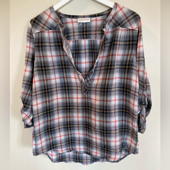 Soft Surroundings Crinkle Gauze Cotton Plaid Shirt Half Button Red White Blue - Picture 1 of 6
